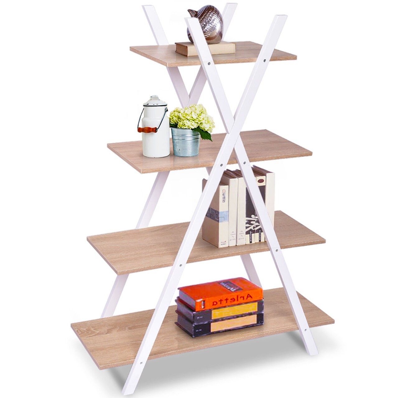 Costway 4-Tier Bookshelf Storage Display Shelves Bookcase Ladder X-Shape Brown/Black